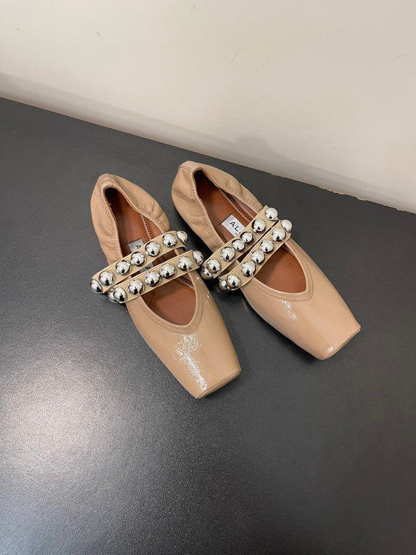 ALAIA BALLET FLATS IN ALMOND BEIGE GLOSSY CALFSKIN WITH SILVER HARDWARE
