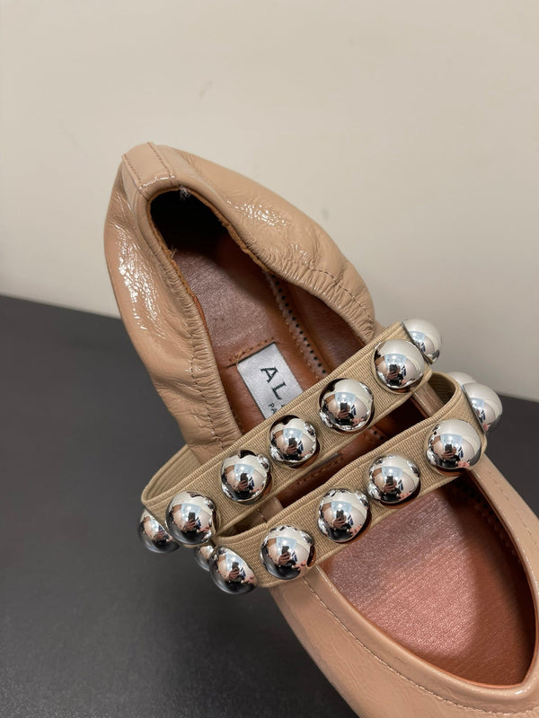 ALAIA BALLET FLATS IN ALMOND BEIGE GLOSSY CALFSKIN WITH SILVER HARDWARE