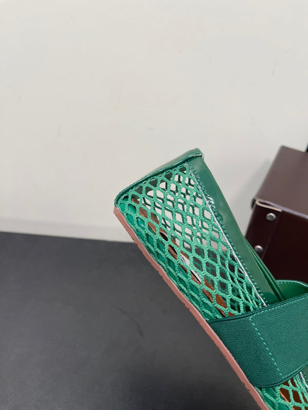 ALAIA BALLET FLATS IN COOL GREEN MESH FISHNET WITH GOLD HARDWARE