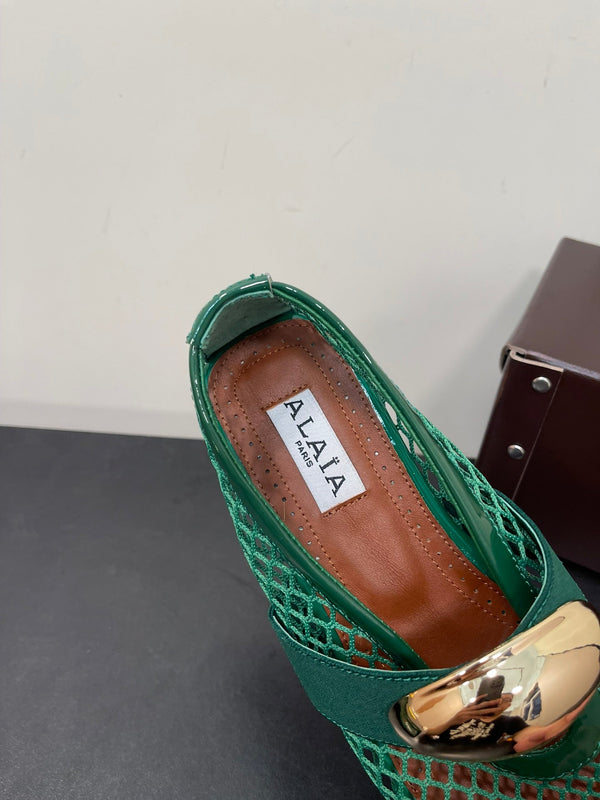 ALAIA BALLET FLATS IN COOL GREEN MESH FISHNET WITH GOLD HARDWARE