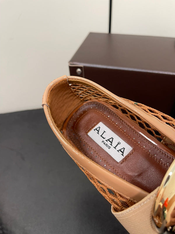 ALAIA BALLET FLATS IN COPPER BROWN MESH FISHNET WITH GOLD HARDWARE