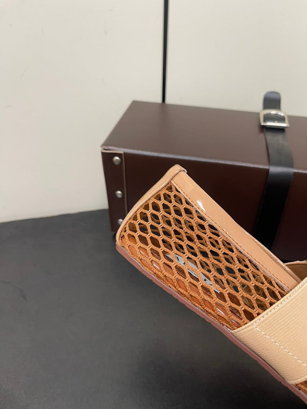 ALAIA BALLET FLATS IN COPPER BROWN MESH FISHNET WITH GOLD HARDWARE