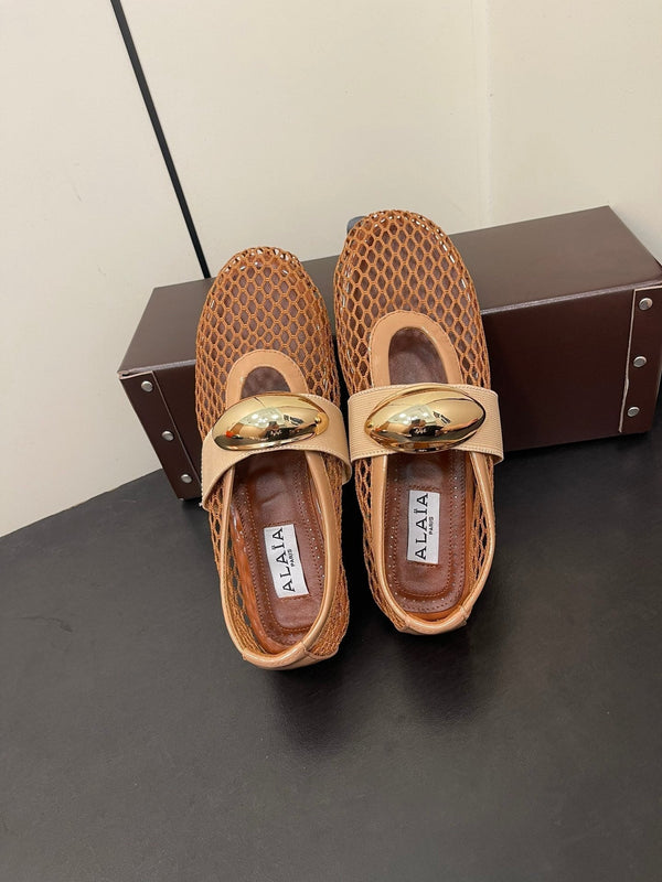 ALAIA BALLET FLATS IN COPPER BROWN MESH FISHNET WITH GOLD HARDWARE
