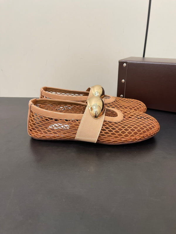 ALAIA BALLET FLATS IN COPPER BROWN MESH FISHNET WITH GOLD HARDWARE