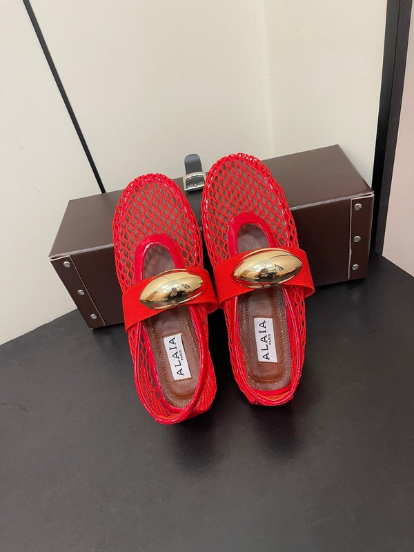 ALAIA BALLET FLATS IN CHERRY RED MESH FISHNET WITH GOLD HARDWARE