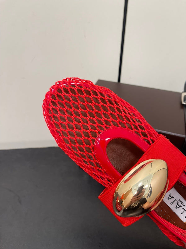 ALAIA BALLET FLATS IN CHERRY RED MESH FISHNET WITH GOLD HARDWARE