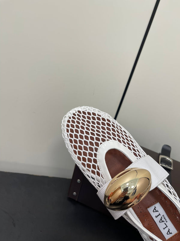 ALAIA BALLET FLATS IN WHITE MESH FISHNET WITH GOLD HARDWARE