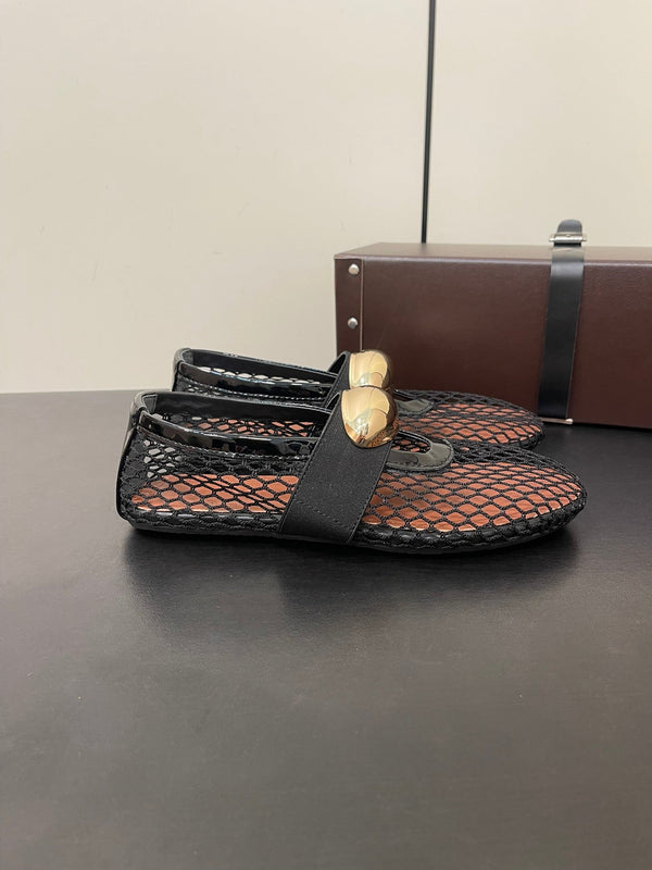 ALAIA BALLET FLATS IN BLACK MESH FISHNET WITH GOLD HARDWARE
