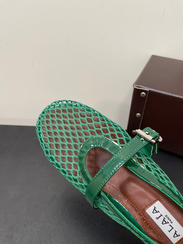ALAIA BALLET FLATS IN COOL GREEN MESH FISHNET