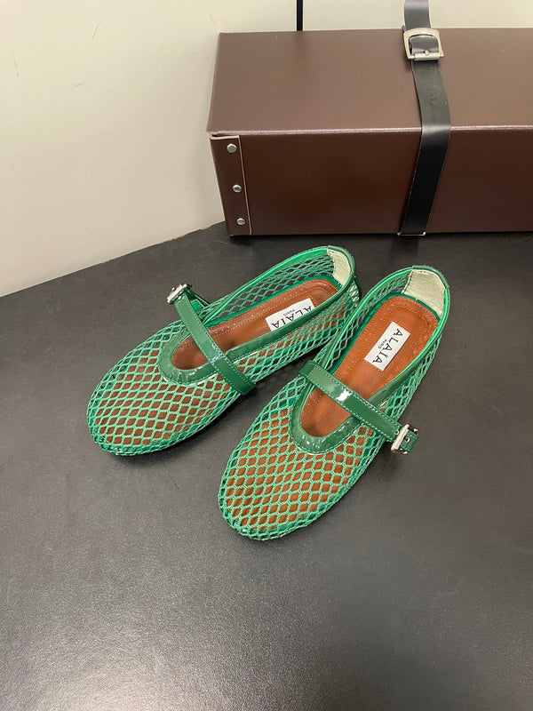 ALAIA BALLET FLATS IN COOL GREEN MESH FISHNET