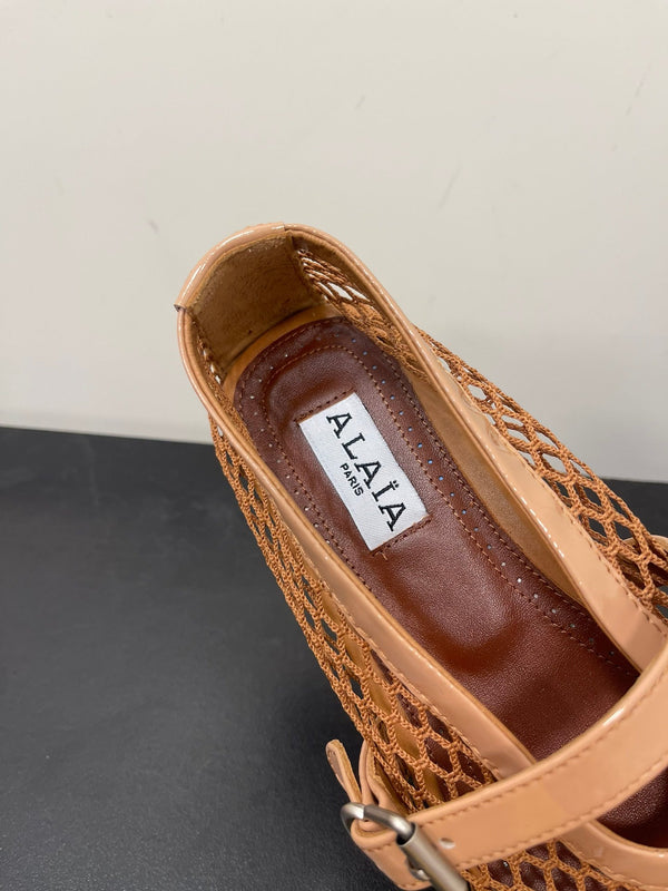 ALAIA BALLET FLATS IN COPPER BROWN MESH FISHNET