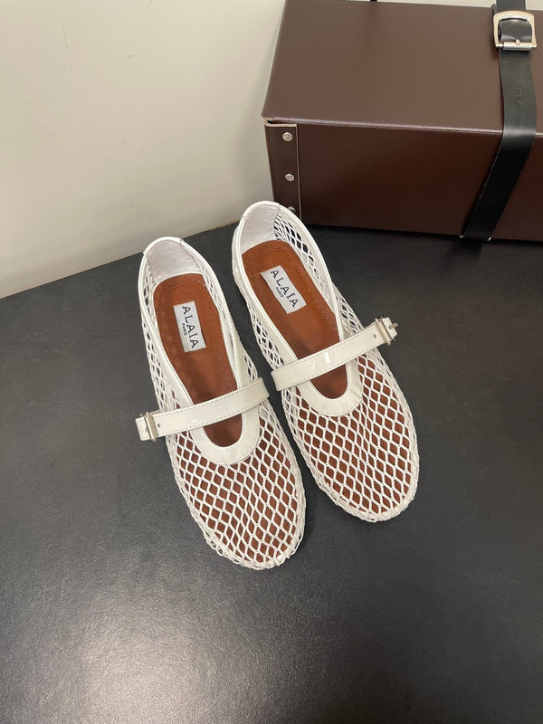 ALAIA BALLET FLATS IN WHITE MESH FISHNET