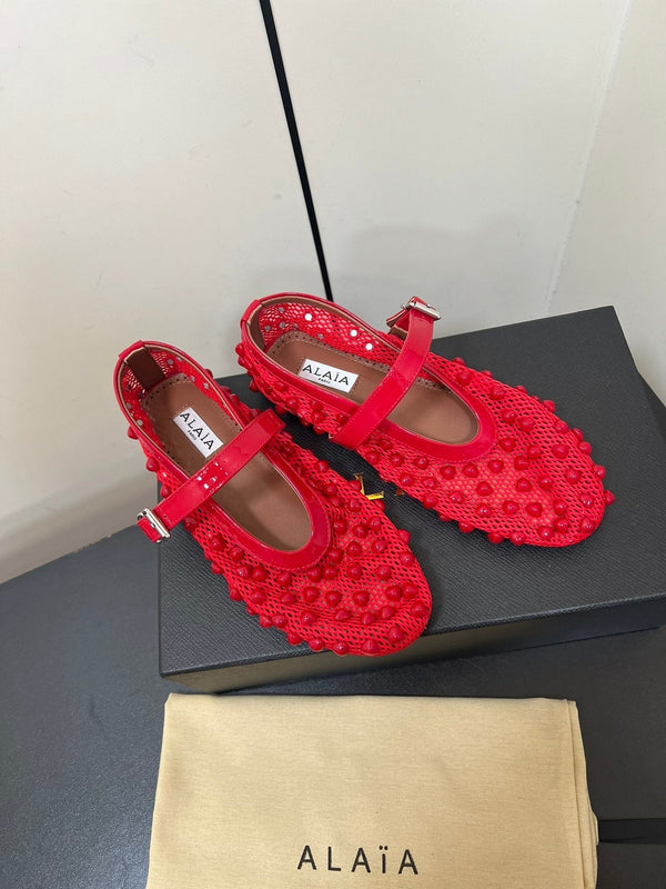 Alaila Ballet Flats With Studs On Fishnet In Red 975749