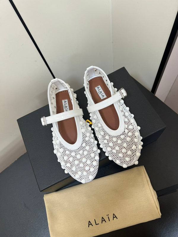 Alaila Ballet Flats With Studs On Fishnet In White 975751
