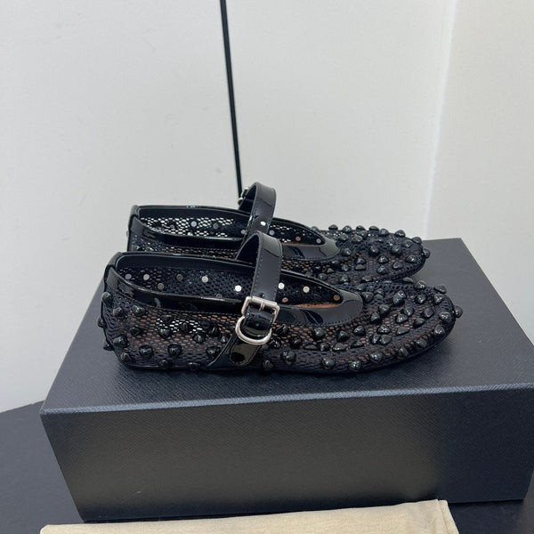 Alaila Ballet Flats With Studs On Fishnet In Black 975753