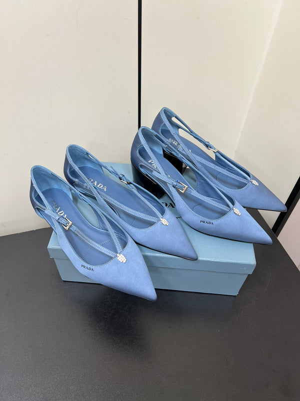 BALLERINA CON TAGLI IN RASO BLU PERANO CON FIBBIA CON PERLINE