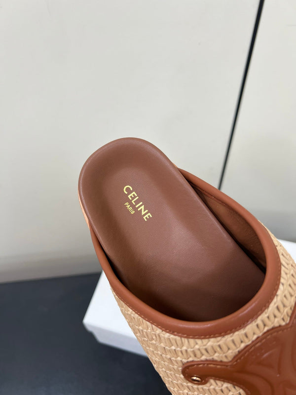 Celine 25 Straw Rivet Birkenstock Slippers Beige Brown Raffia woven Sheepskin