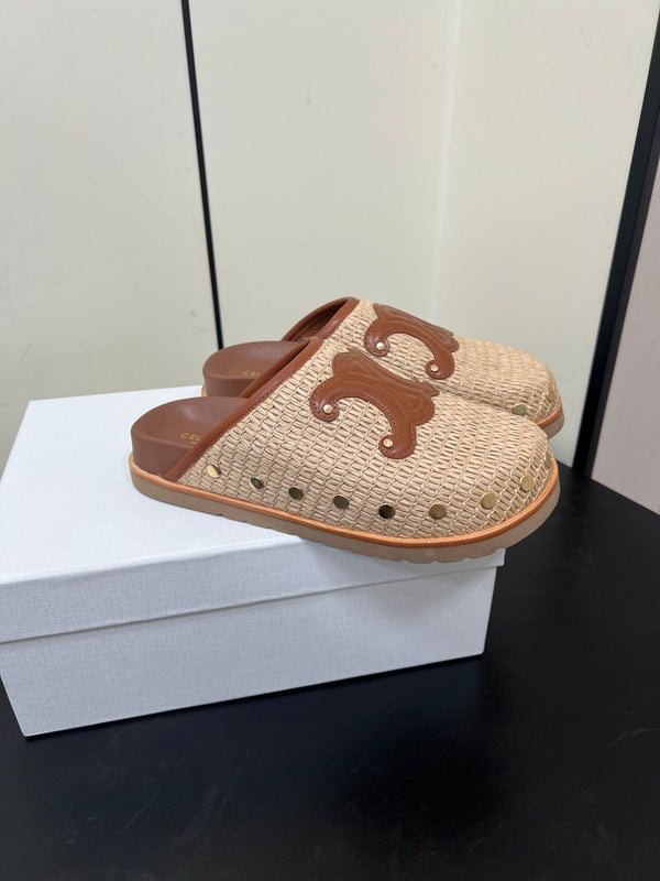 Celine 25 Straw Rivet Birkenstock Slippers Beige Brown Raffia woven Sheepskin