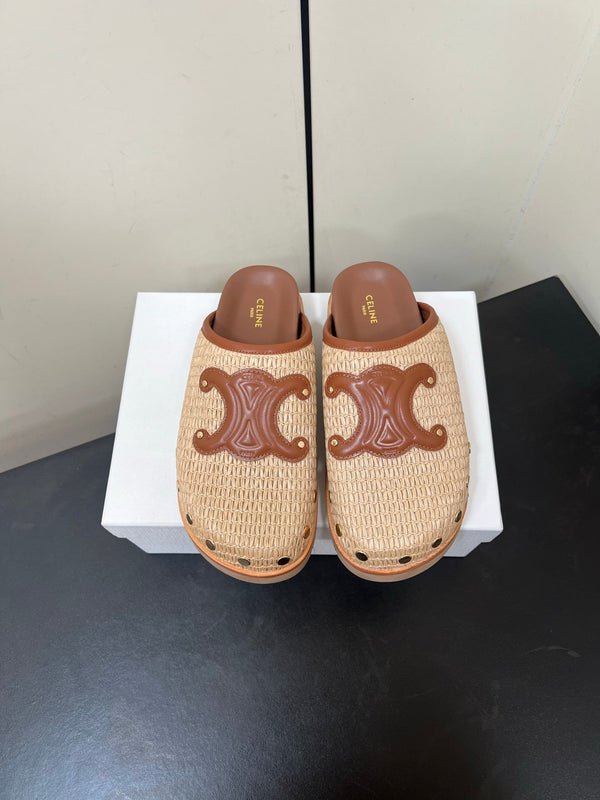 Celine 25 Straw Rivet Birkenstock Slippers Beige Brown Raffia woven Sheepskin