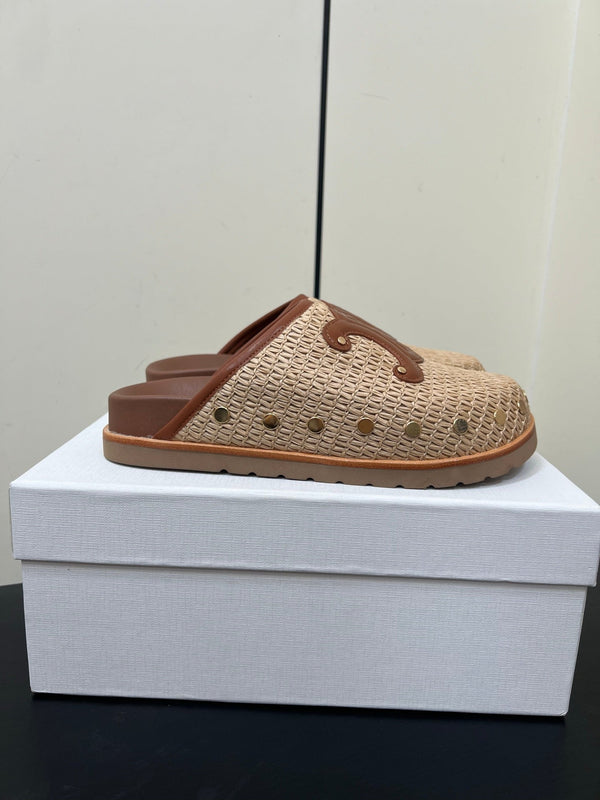 Celine 25 Straw Rivet Birkenstock Slippers Beige Brown Raffia woven Sheepskin