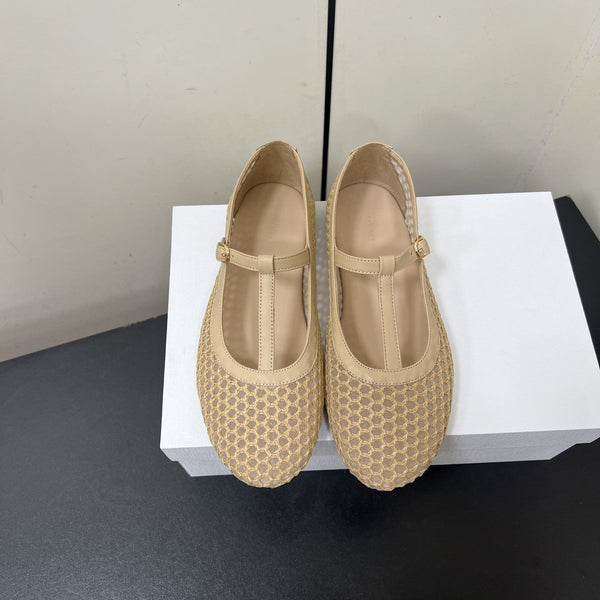 The Row 25ss Square T-Strap Flat Beige Mesh Cowhide 340039