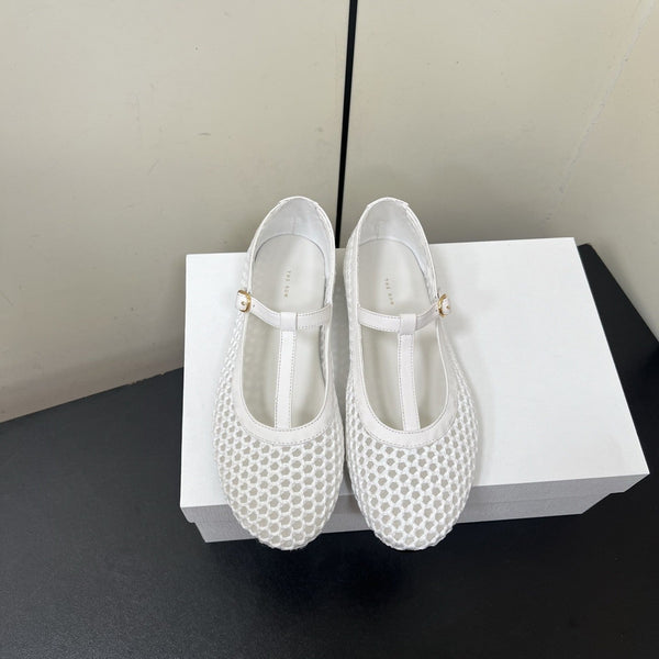 The Row 25ss Square T-Strap Flat White Mesh Cowhide 340040