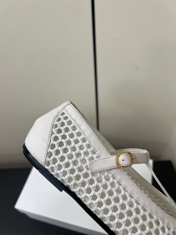 The Row 25ss Square T-Strap Flat White Mesh Cowhide 340040