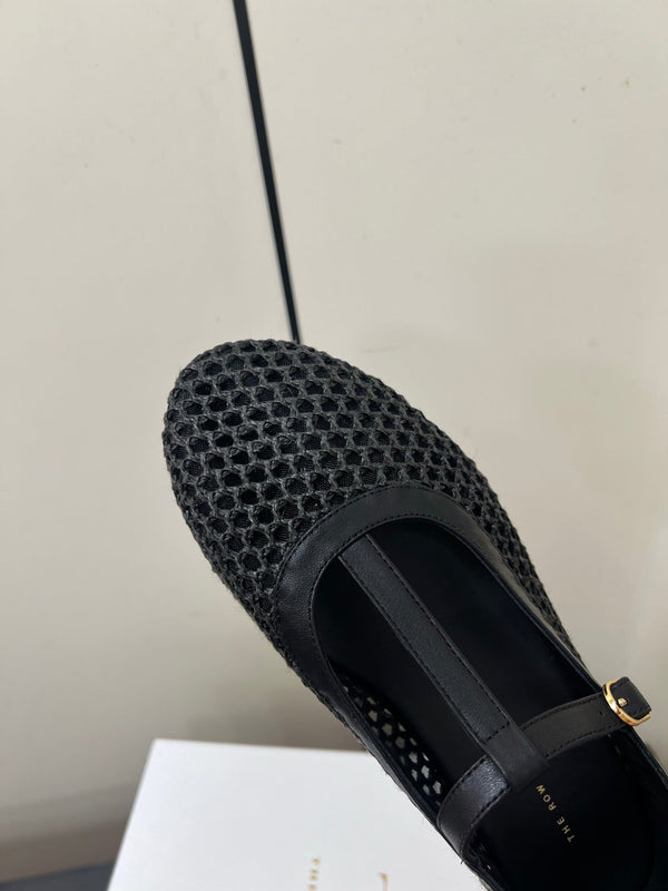 The Row 25ss Square T-Strap Flat Black Mesh Cowhide 340041