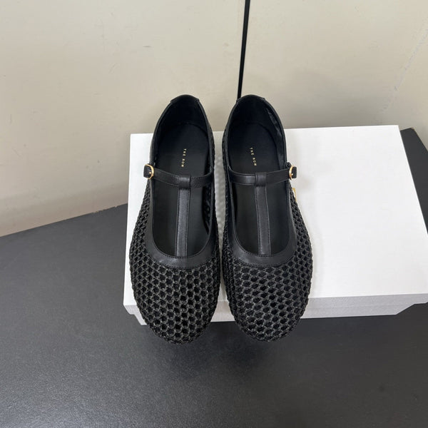 The Row 25ss Square T-Strap Flat Black Mesh Cowhide 340041