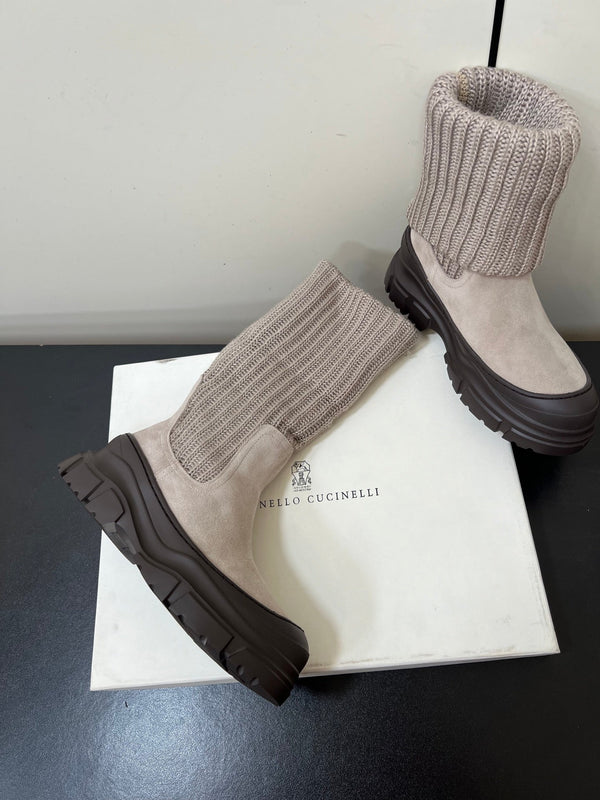 Brunello Cucinelli Ankle Boots Taupe Knitted Suede 619496