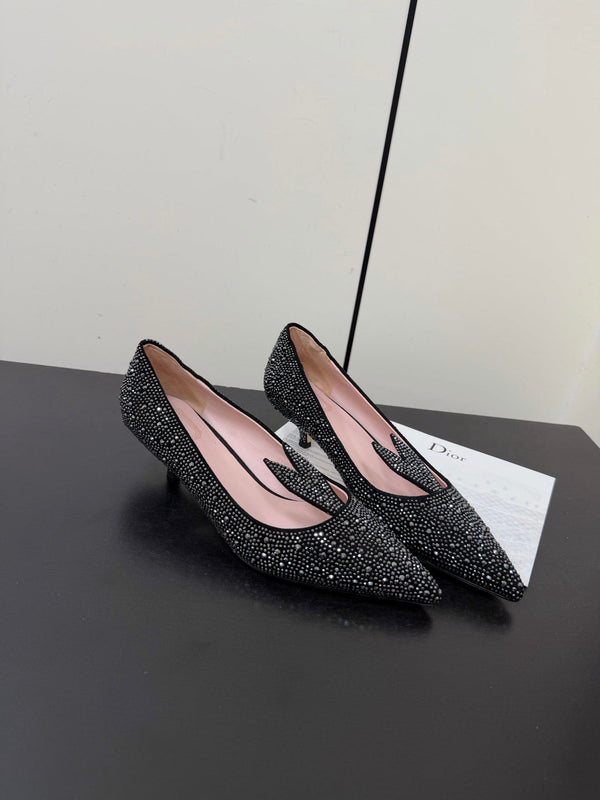 CD Heel Pointed Toe Rhinestone Slingback 3.5 Black Suede 619567