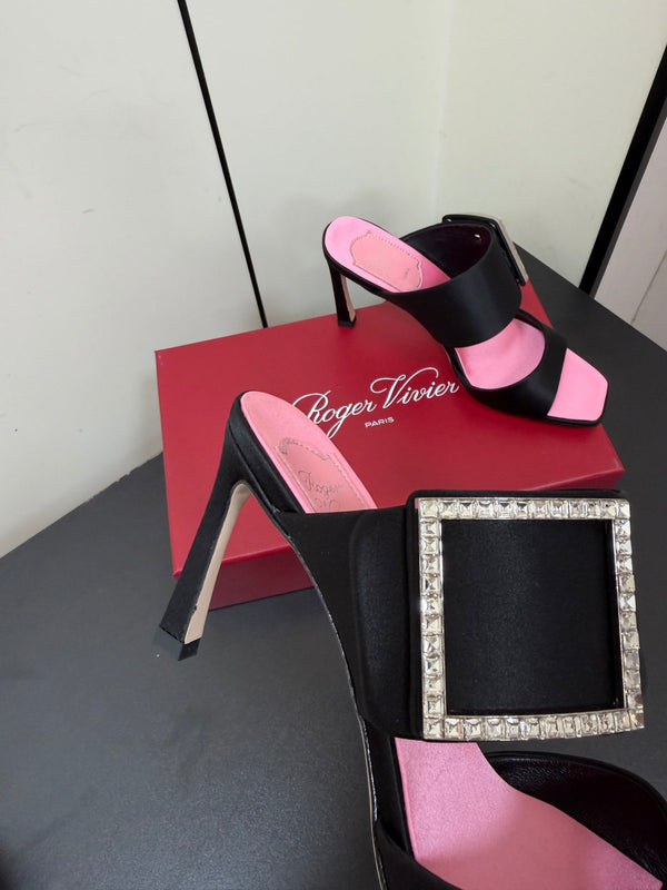 Sandales RV Trompette 8,5 cm en satin noir et rose 619600