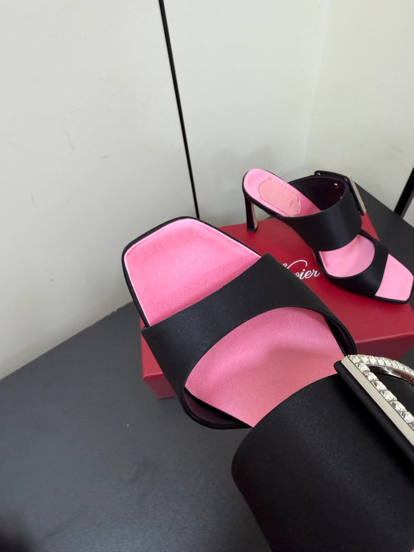 Sandales RV Trompette 8,5 cm en satin noir et rose 619600