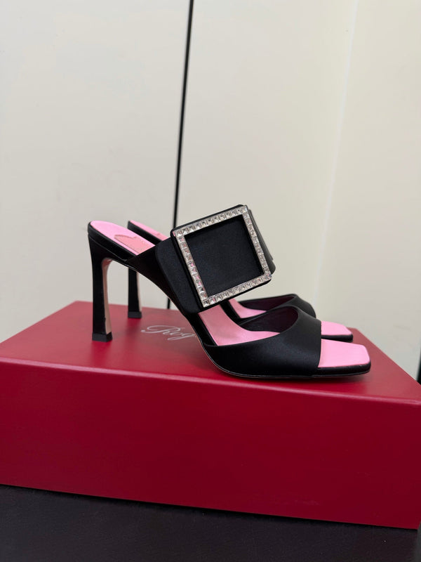 Sandales RV Trompette 8,5 cm en satin noir et rose 619600