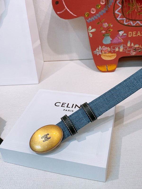 Celine Triomphe Oval Belt 2.5cm Blue Gold Denim 203765