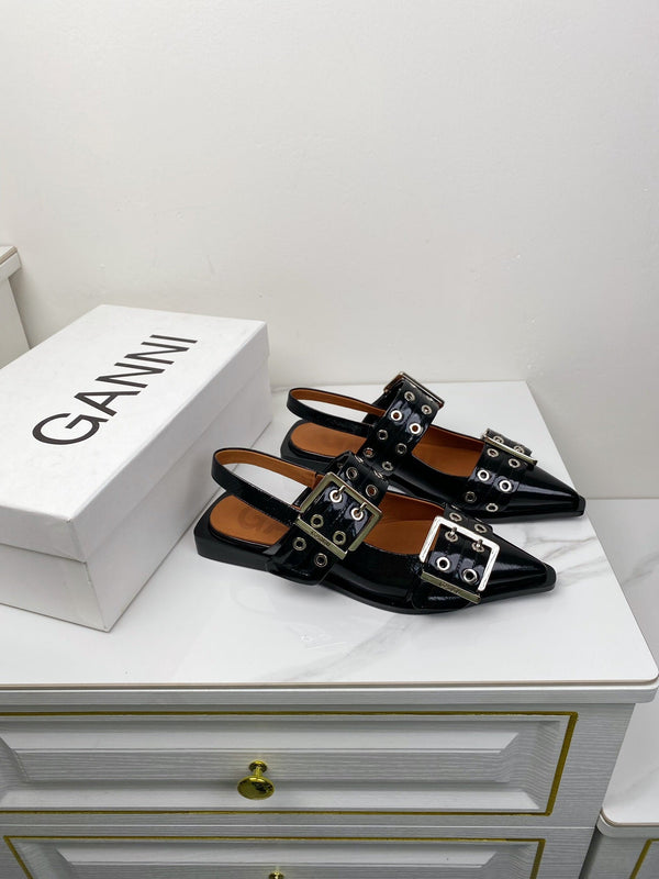 ganni black feminine buckle slingback flat
