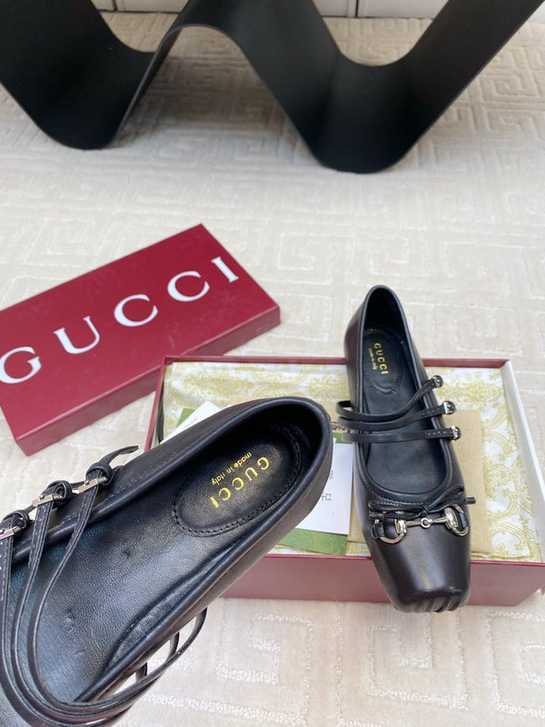 GG BALLET FLAT BLACK HORIZONTAL STRAPS LAMBSKIN