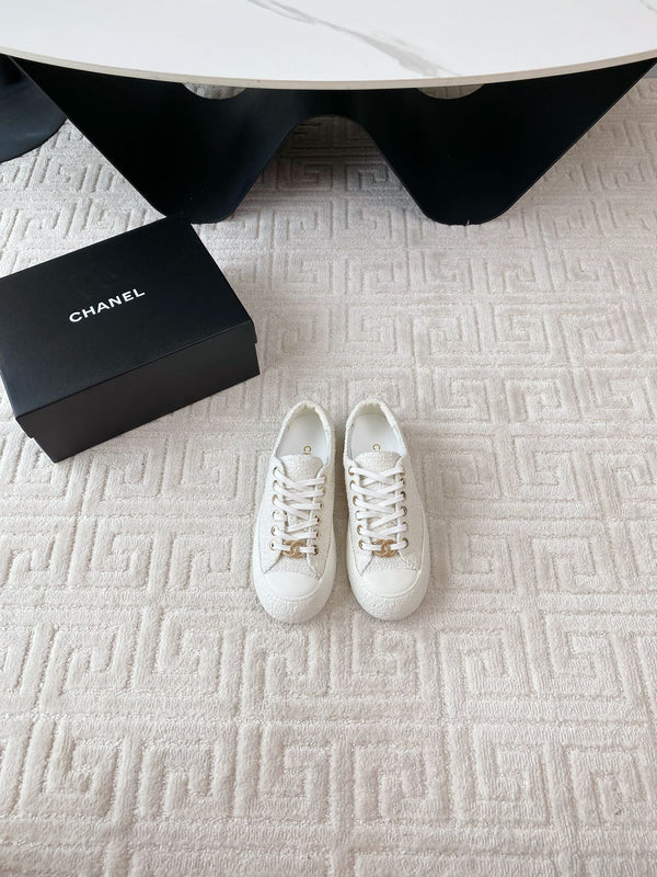 CC Low Sneaker 35mm White Tweed Fabric And Lambskin