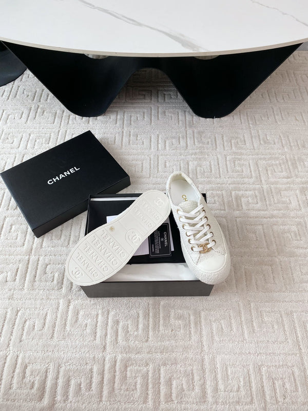 CC Low Sneaker 35mm White Tweed Fabric And Lambskin