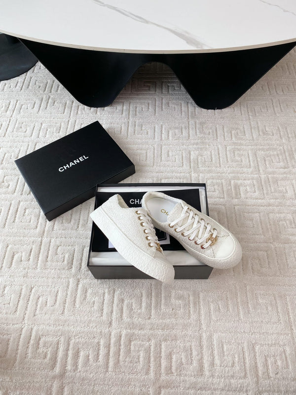 CC Low Sneaker 35mm White Tweed Fabric And Lambskin