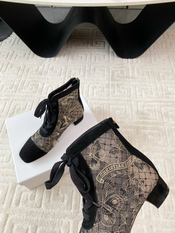 CD Naughtily-D Heeled Ankle Boot Black Transparent Mesh Butterfly And Suede