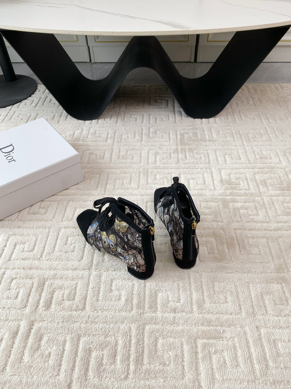 CD Naughtily-D Heeled Ankle Boot Black Mix Yellow Blue Transparent Mesh Butterfly And Suede