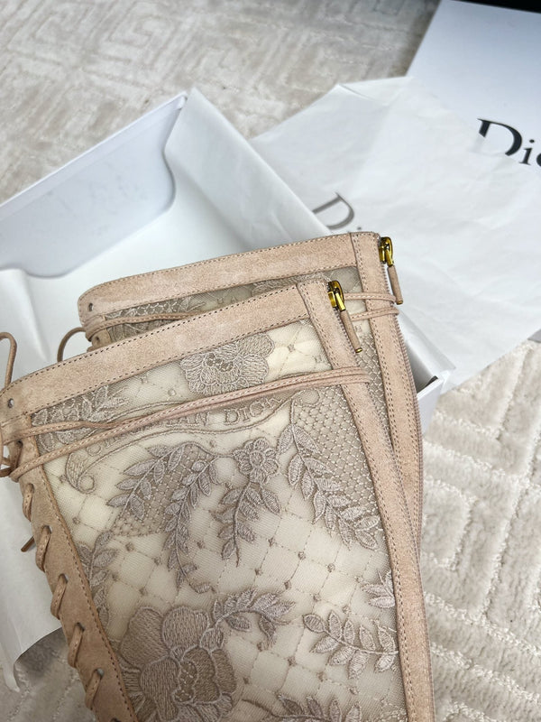 CD Naughtily-D Heeled High Boots Beige Transparent Mesh Roses Embroidery And Suede