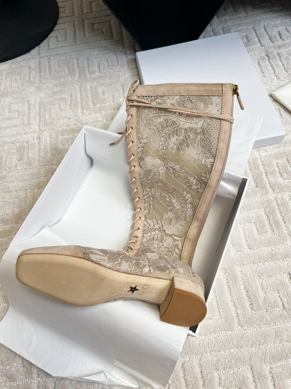 CD Naughtily-D Heeled High Boots Beige Transparent Mesh Roses Embroidery And Suede