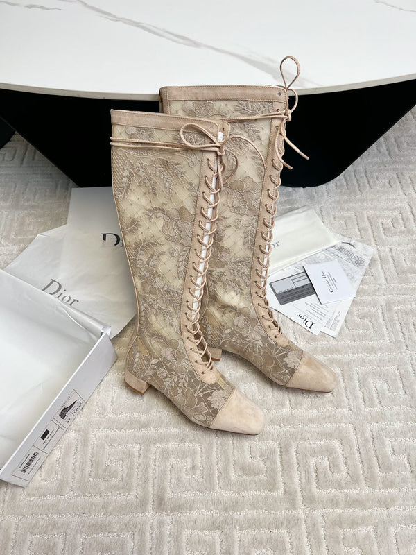 CD Naughtily-D Heeled High Boots Beige Transparent Mesh Roses Embroidery And Suede