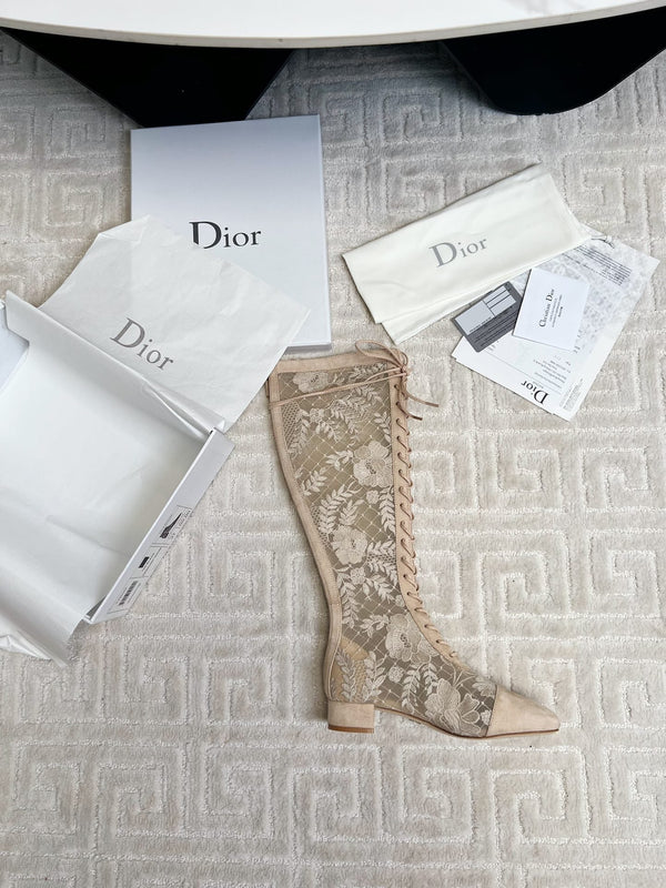 CD Naughtily-D Heeled High Boots Beige Transparent Mesh Roses Embroidery And Suede