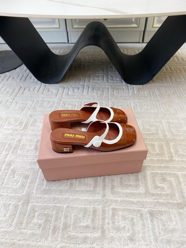 Miu Mary Jane Mule Pumps In Red Brown Glossy Sheepskin