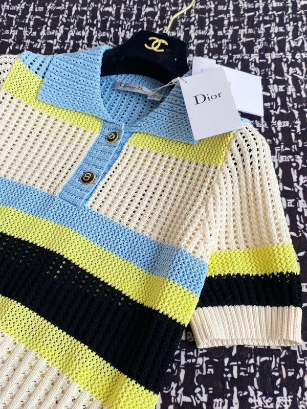 CD 25 Embroidered Short Sleeves Beige Blue Wool