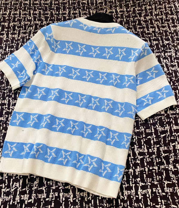 CD 2025 Striped Short-sleeved T-shirt Blue White tencel 606659