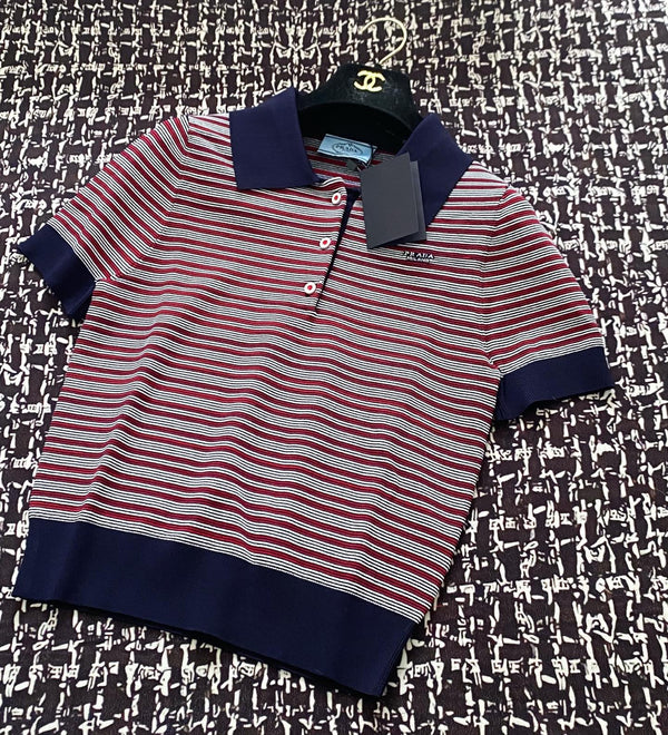 Prada 25 Striped Polo Shirt Navy Blue mix Red Tencel Wool